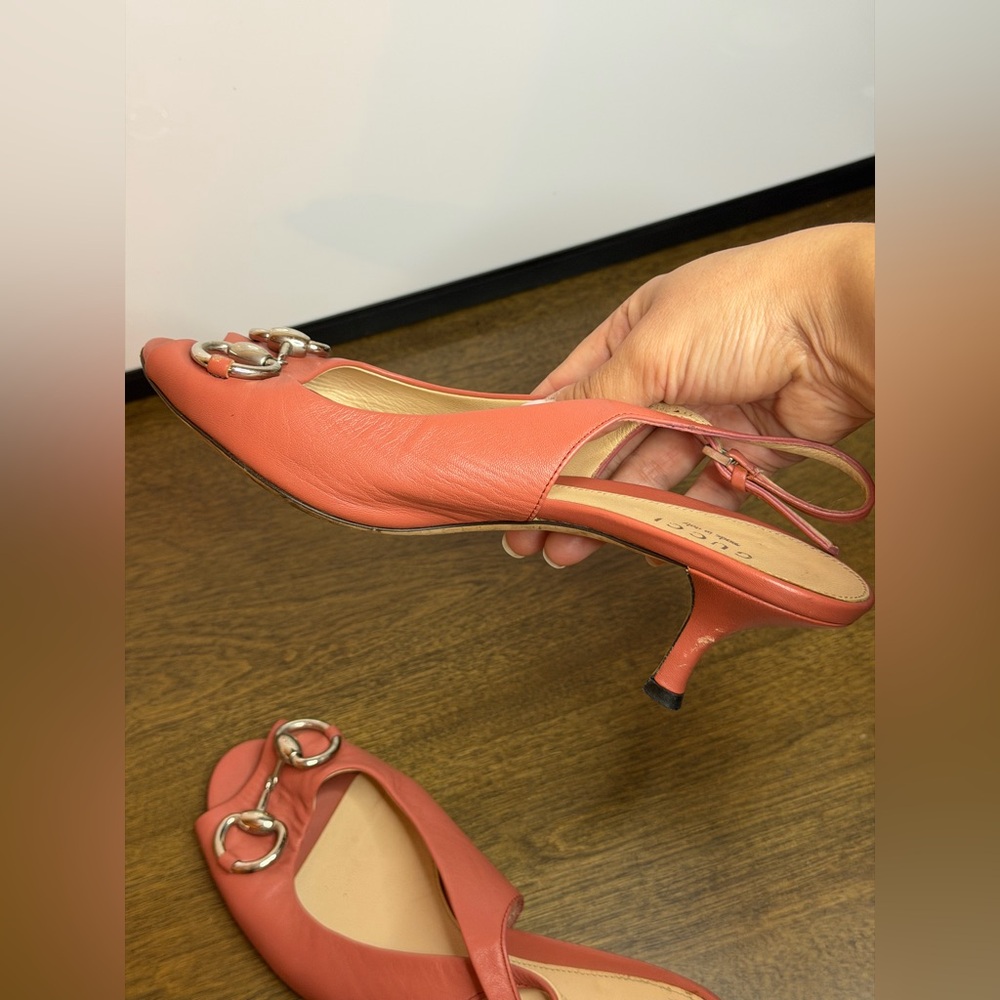 Gucci Starfish Slingback S12 Peep-toe Heels in Coral Pink Leather Size 35.5 - Picture 10 of 11